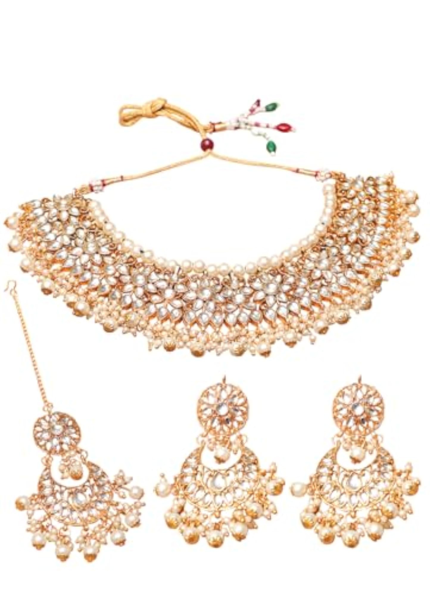 Gold-Plated Kundan Pearl Choker Necklace Set with Earrings